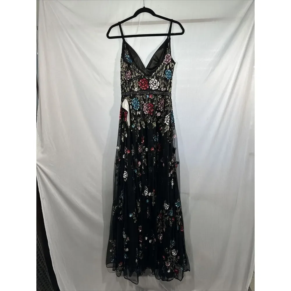 NWT $698 Mac Duggal [ 8 ] V Neck‎ Embellished Floral Sequined Gown Black #G1635 - Picture 13 of 15